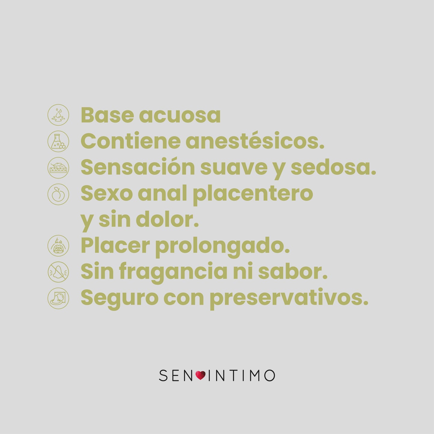 Características lubricante anal Sen Íntimo base acuosa anestésico seguro con preservativos