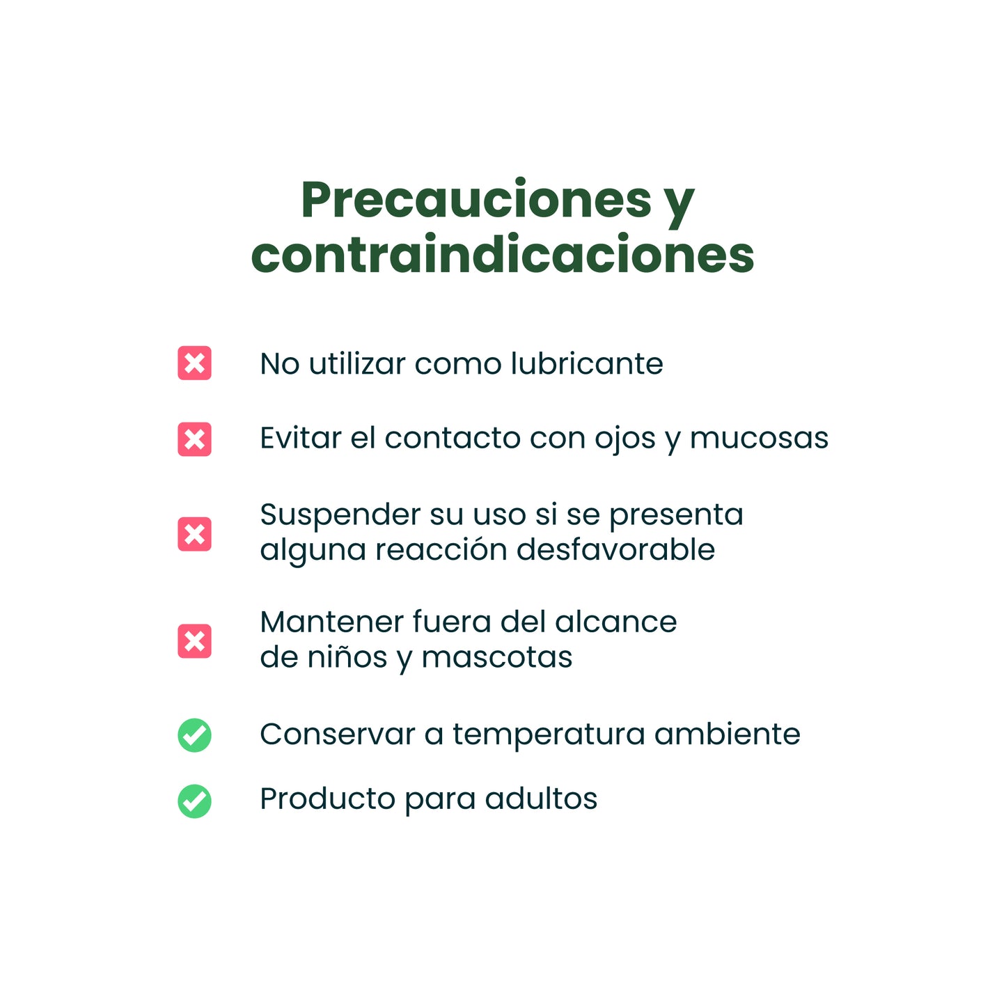 Precauciones del Aceite Euforia Sen Íntimo - No usar como lubricante, evitar contacto con ojos y mucosas, conservar a temperatura ambiente