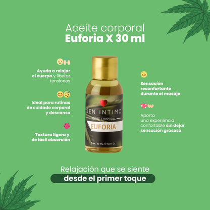 Aceite Euforia Sen Íntimo - Beneficios: textura ligera, fácil absorción, sin sensación grasosa, relajación desde el primer toque