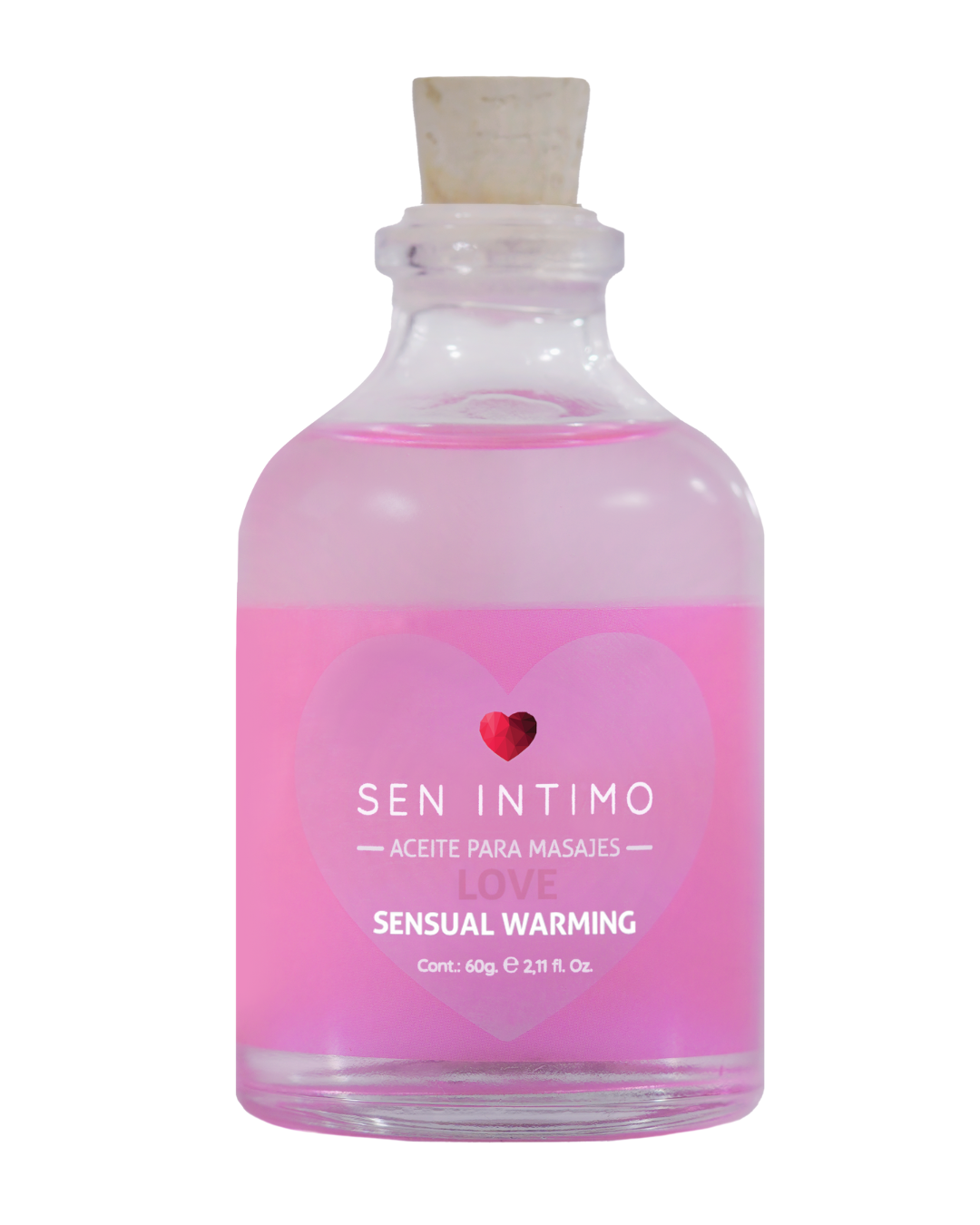 Aceite para masajes Sensual Warming Love Sen Íntimo 60g - frasco vidrio tapa corcho fondo blanco