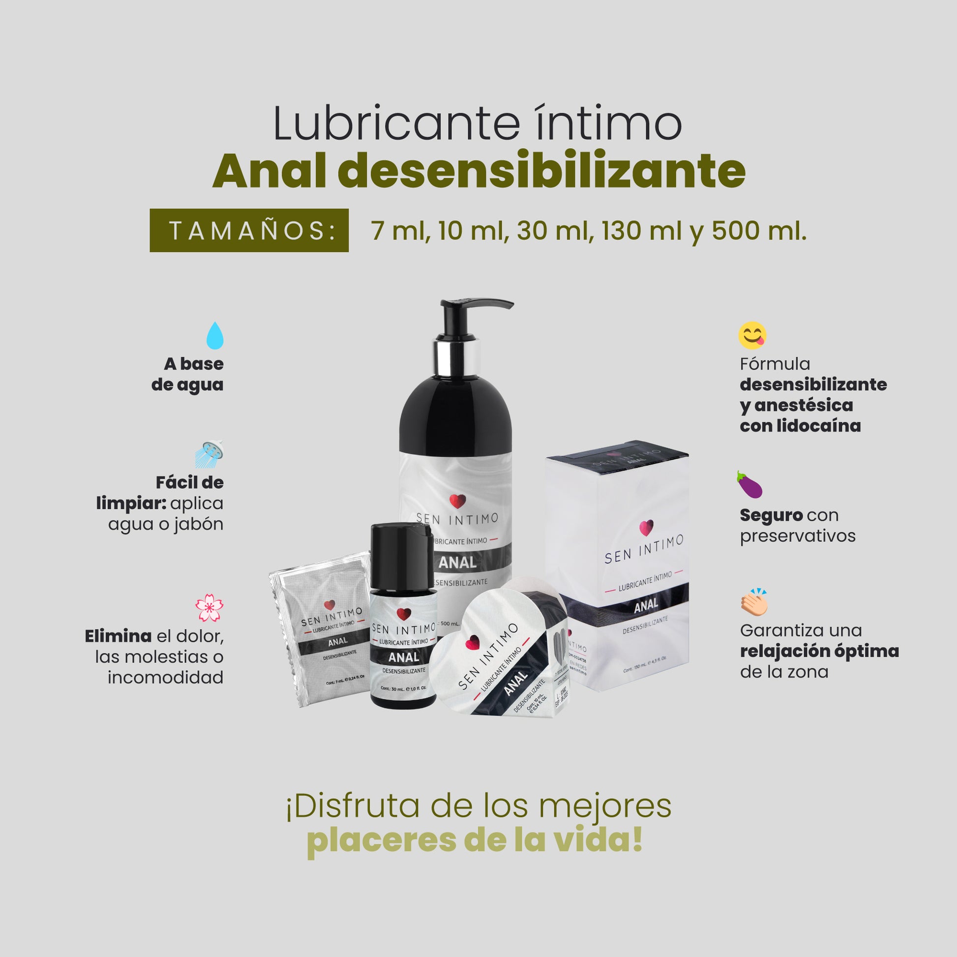 Beneficios Lubricante Anal Desensibilizante Sen Íntimo tamaños 7ml 10ml 30ml 130ml 500ml