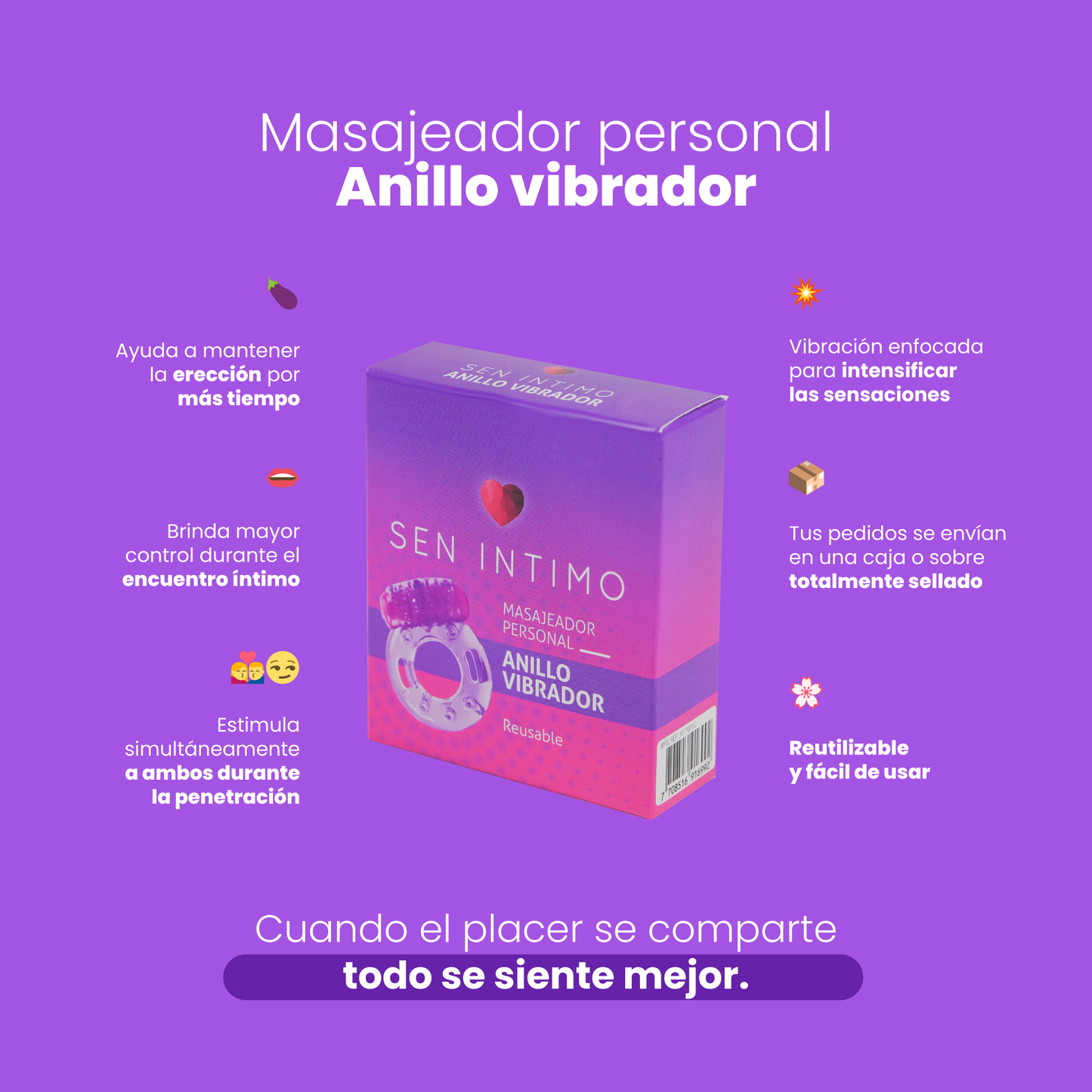 Anillo Vibrador Sen Íntimo - Beneficios: mantiene erección, control eyaculación, estimula clítoris y testículos, reutilizable
