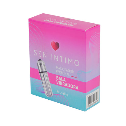 Bala Vibradora Sen Íntimo - Caja rosa con masajeador plateado, vibración localizada, reutilizable
