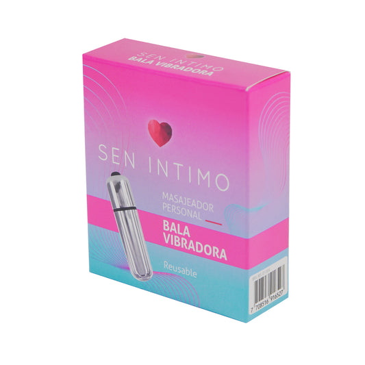 Bala Vibradora Sen Íntimo - Caja rosa con masajeador plateado, vibración localizada, reutilizable
