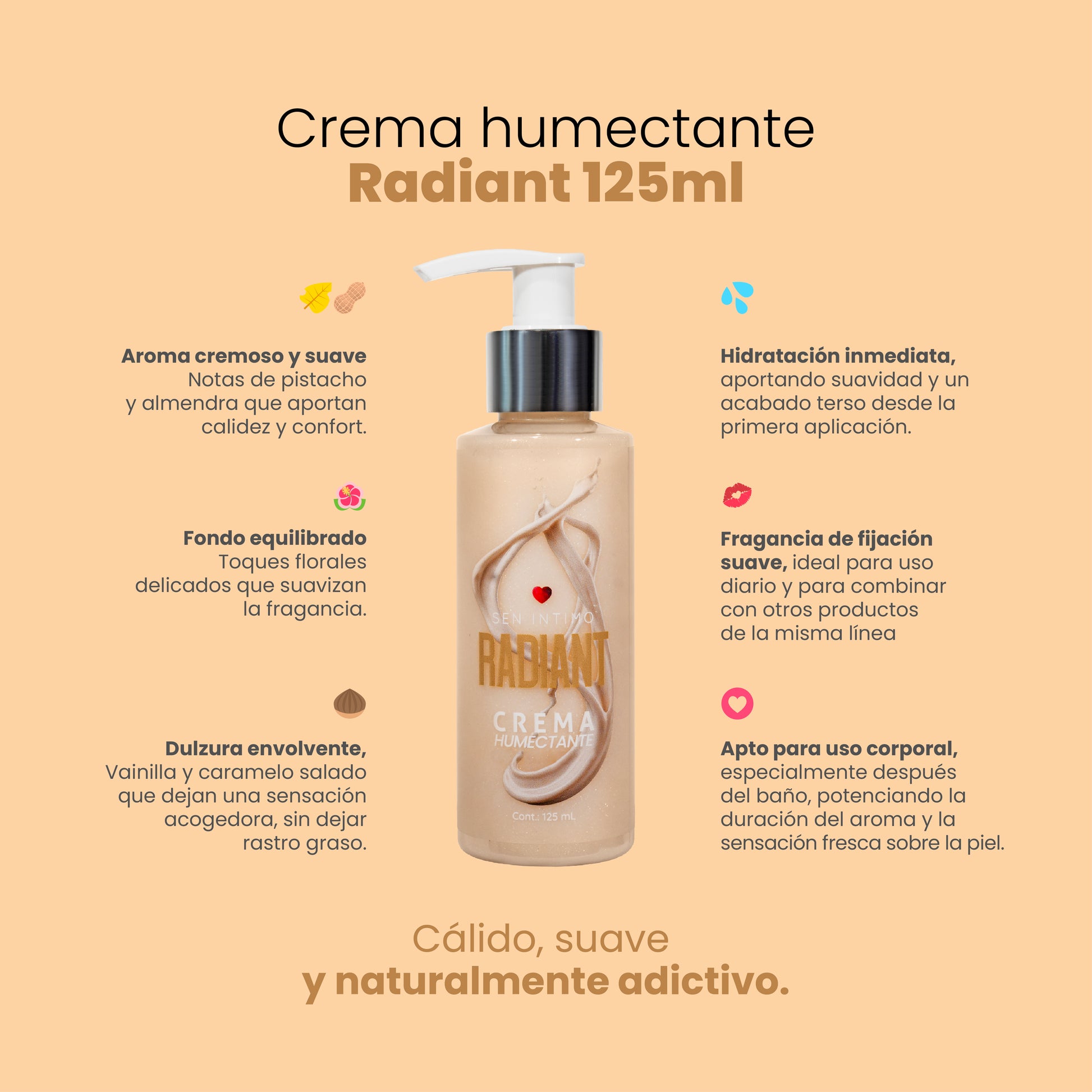 Infografía beneficios Crema Humectante Radiant Sen Íntimo: ideal para uso corporal, textura perfecta, hidratación al instante