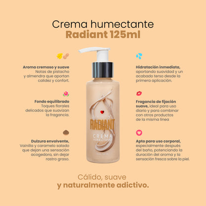 Infografía beneficios Crema Humectante Radiant Sen Íntimo: ideal para uso corporal, textura perfecta, hidratación al instante