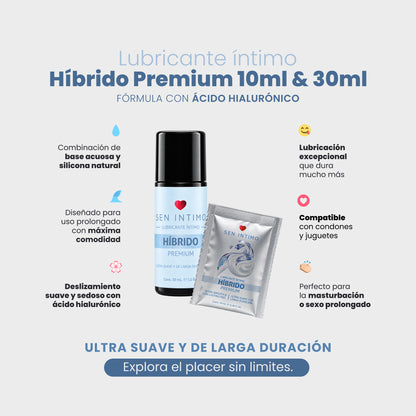 Beneficios del Lubricante Híbrido Premium con ácido hialurónico, en sachet de 10 ml y frasco de 30 ml.