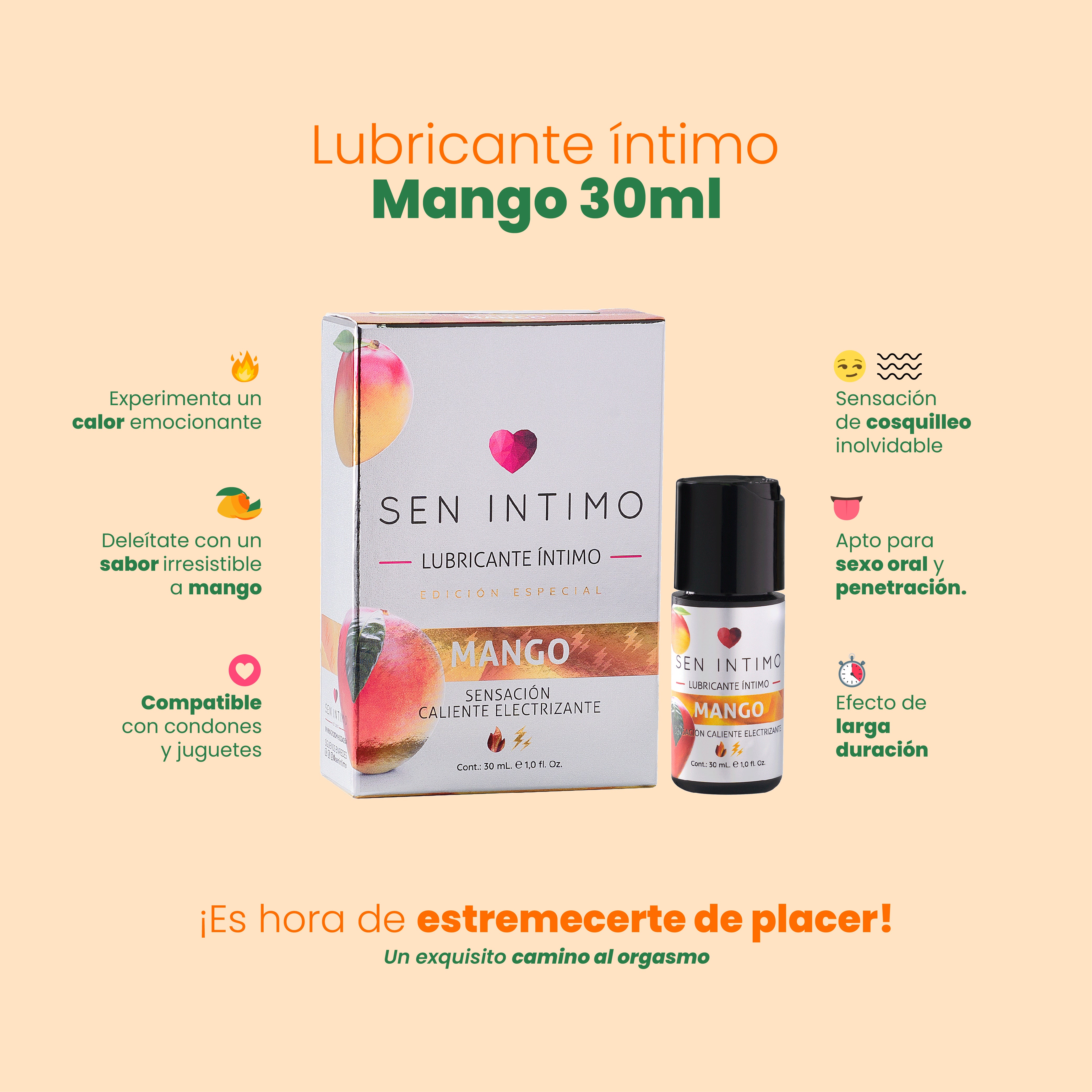 Características lubricante mango electrizante apto sexo oral - Sen Íntimo
Caja + frasco fondo blanco: