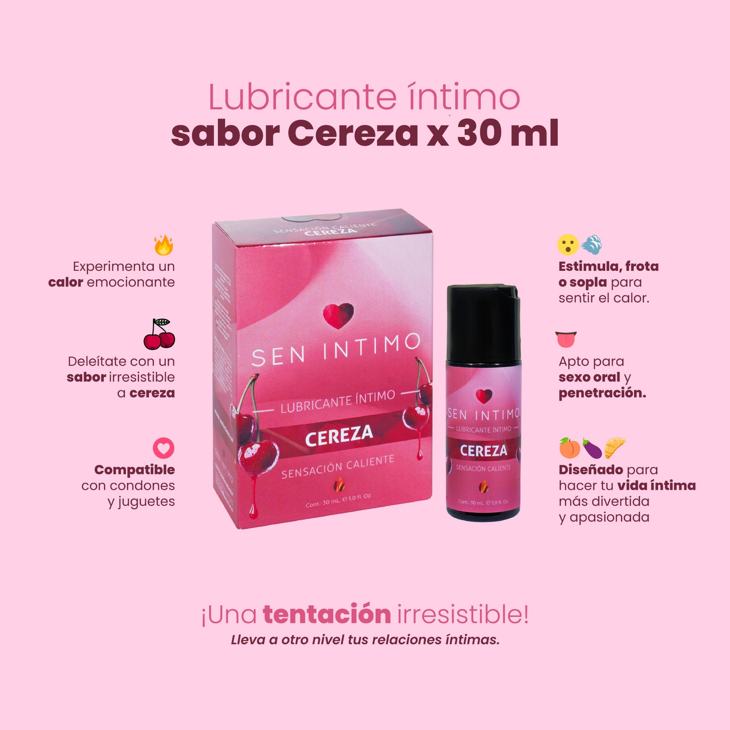 Lubricante caliente sabor cereza Sen Íntimo - infografía cómo disfrutarlo