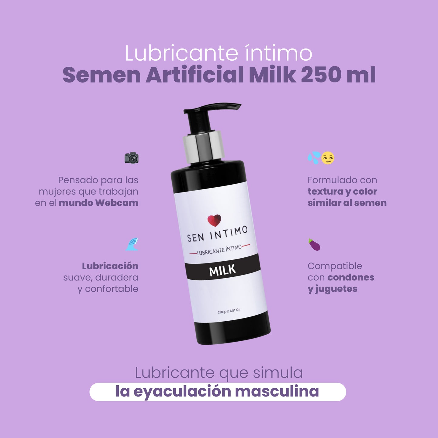 Lubricante Milk Sen Íntimo 250ml - infografía beneficios webcam compatible condones y juguetes