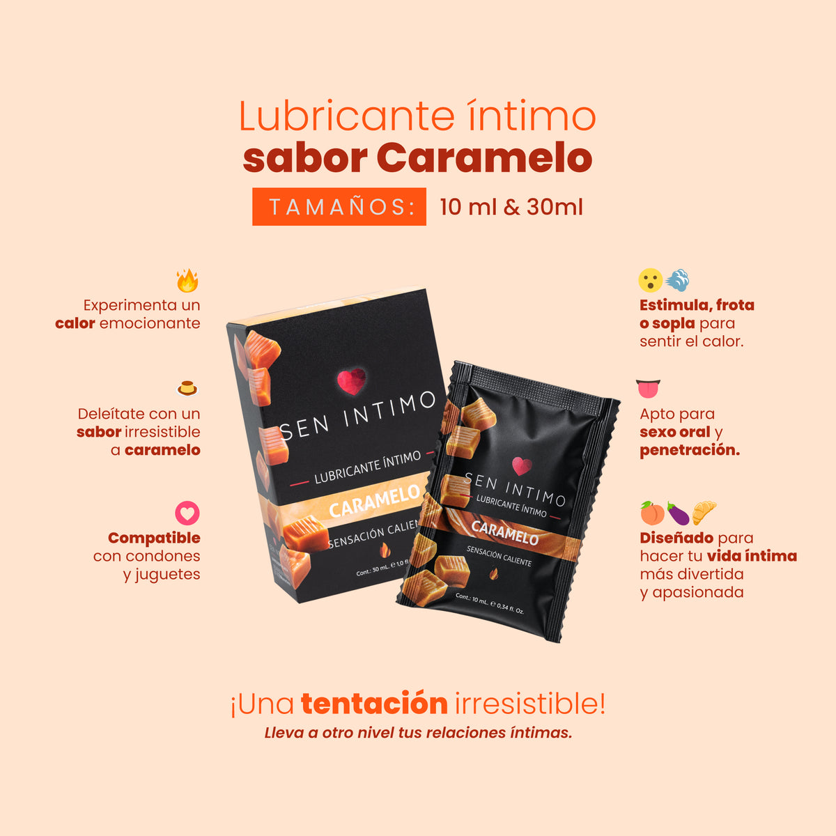 Beneficios Lubricante Intimo sabor Caramelo 10ml y 30ml deleitate con un irresistible sabor a Caramelo