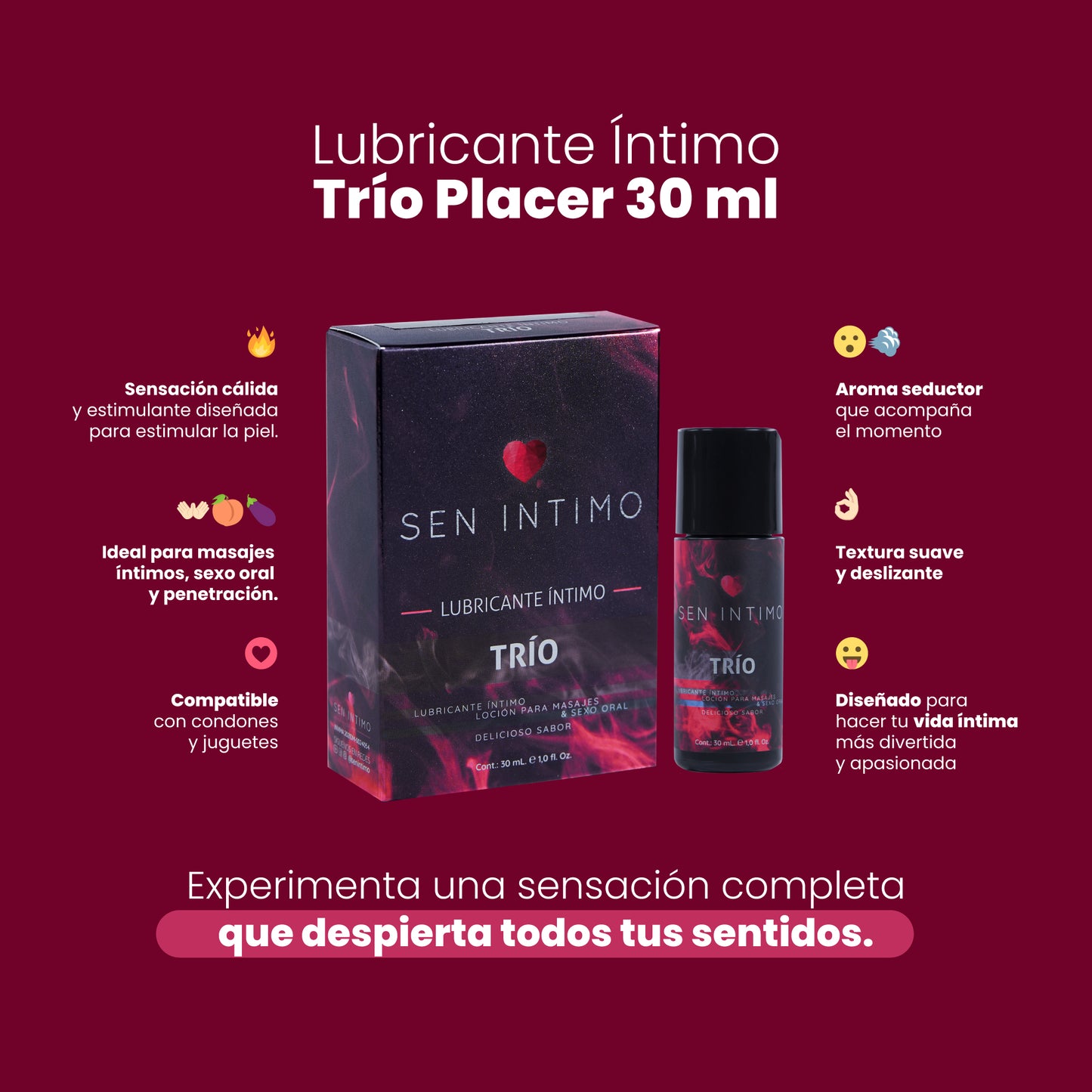Lubricante Íntimo Trío Placer 30ml Sen Íntimo - sensación cálida aroma seductor compatible condones masajes sexo oral