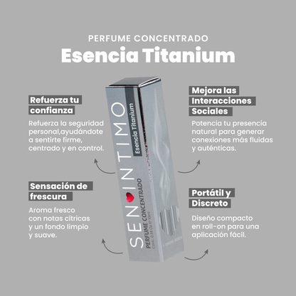 infografía 4 beneficios, fondo gris): "Perfume Attract Esencia Titanium Roll-On Sen Íntimo - beneficios confianza frescura interacciones sociales