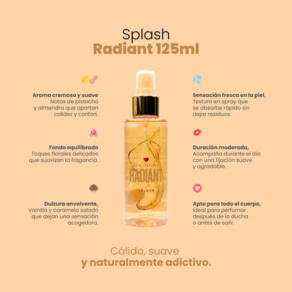 Splash Radiant 125ml Sen Íntimo - infografía 6 beneficios aroma cremoso pistacho almendra vainilla caramelo