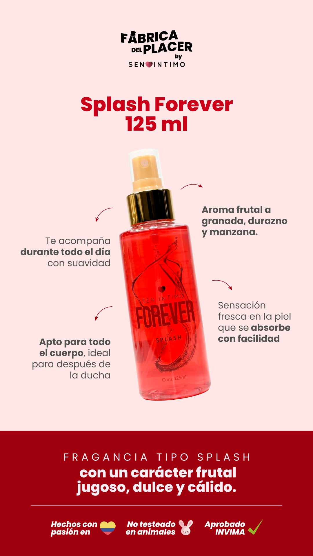 Splash Forever 125ml Sen Íntimo - infografía 6 beneficios fragancia frutal jugosa frutos rojos