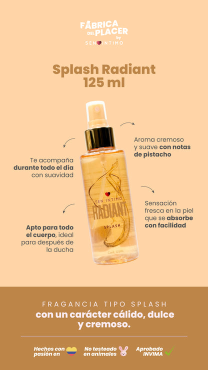 Splash Radiant 125ml Sen Íntimo - infografía cálido dulce cremoso apto todo el cuerpo aprobado INVIMA
