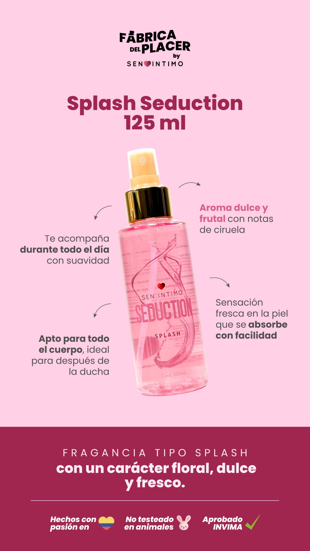 Splash Seduction 125ml Sen Íntimo - historia fragancia floral dulce fresca apta todo el cuerpo aprobado INVIMA
