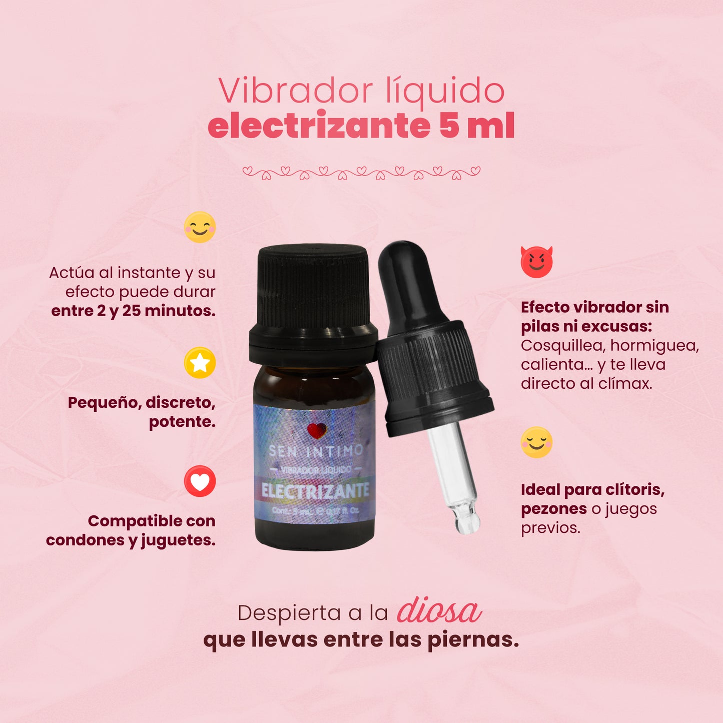 Vibrador Líquido Electrizante Sen Íntimo - infografía 4 beneficios efecto vibrador sin pilas clítoris pezones compatible condones