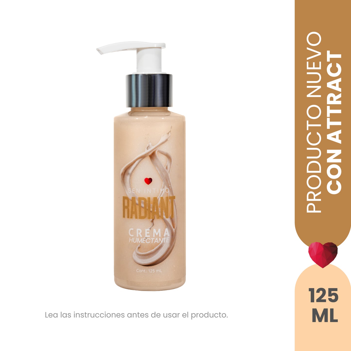 Frasco dispensador Crema Humectante Radiant con Attract 125ml Sen Íntimo, color beige crema con tapa plateada