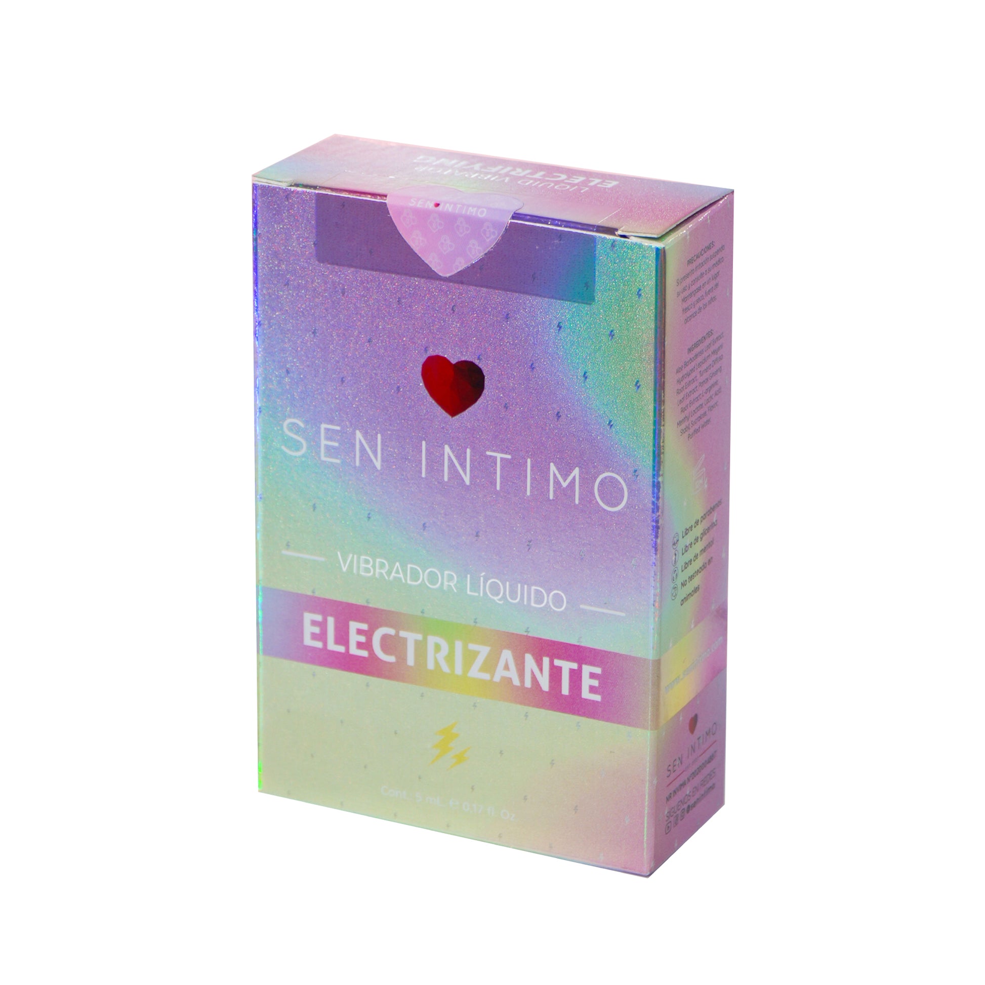 Vibrador Líquido Electrizante 5ml Sen Íntimo - caja holográfica iridiscente presentación frontal fondo blanco