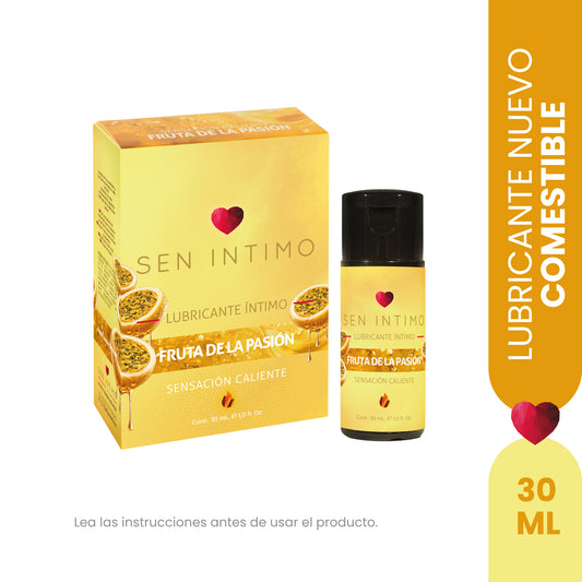 Caja y frasco Lubricante Íntimo Comestible de Maracuyá Sen Íntimo 30ml, sensación caliente, color amarillo dorado, fondo blanco

