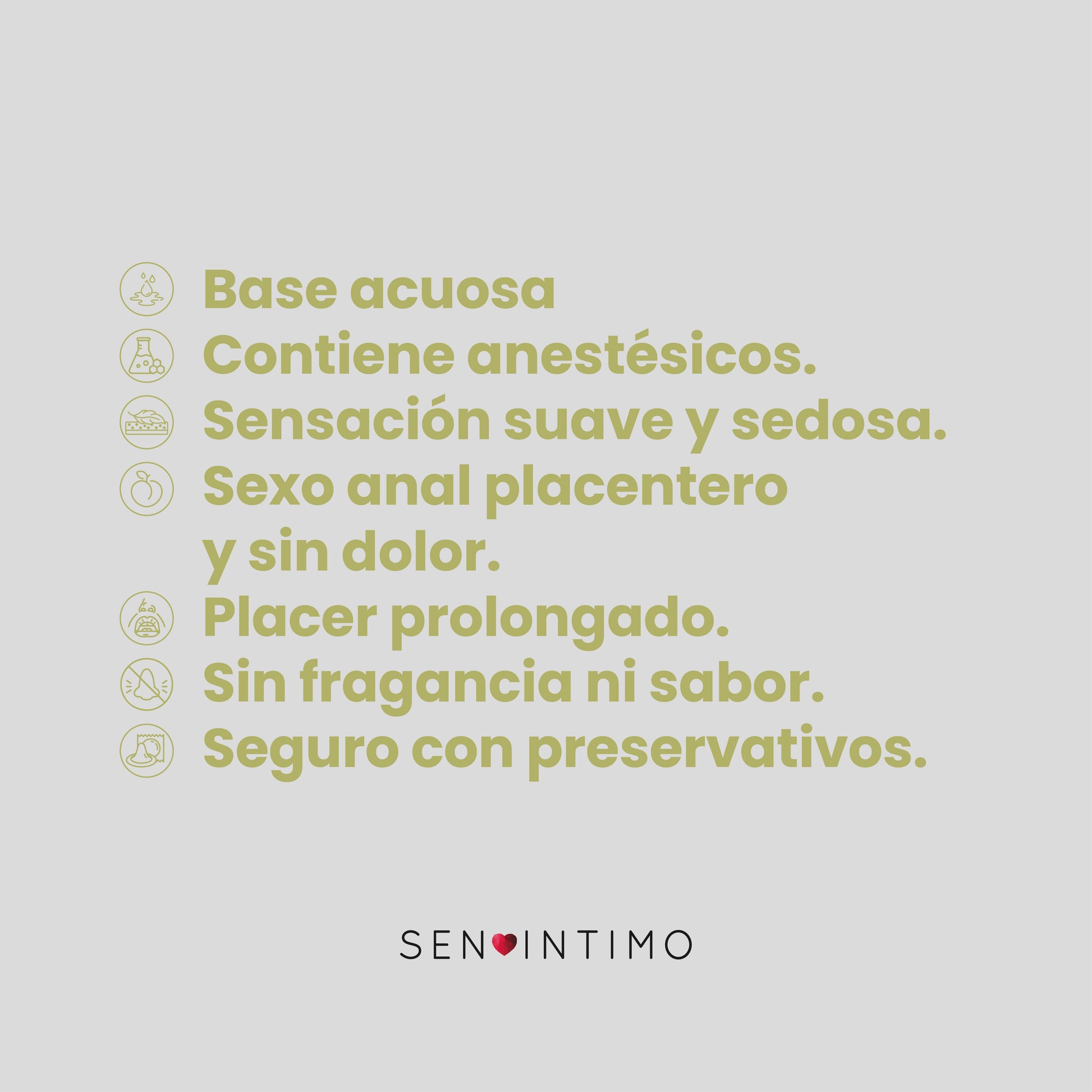 Características lubricante anal Sen Íntimo base acuosa anestésico seguro con preservativos