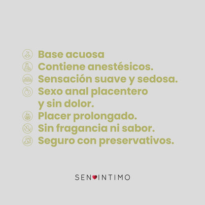 Características lubricante anal Sen Íntimo base acuosa anestésico seguro con preservativos