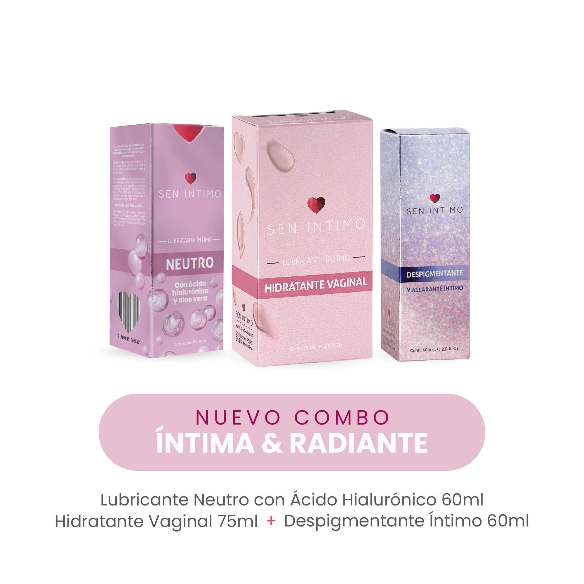 Combo Íntima & Radiante Sen Íntimo - Lubricante Neutro Ácido Hialurónico, Hidratante Vaginal, Despigmentante Íntimo
