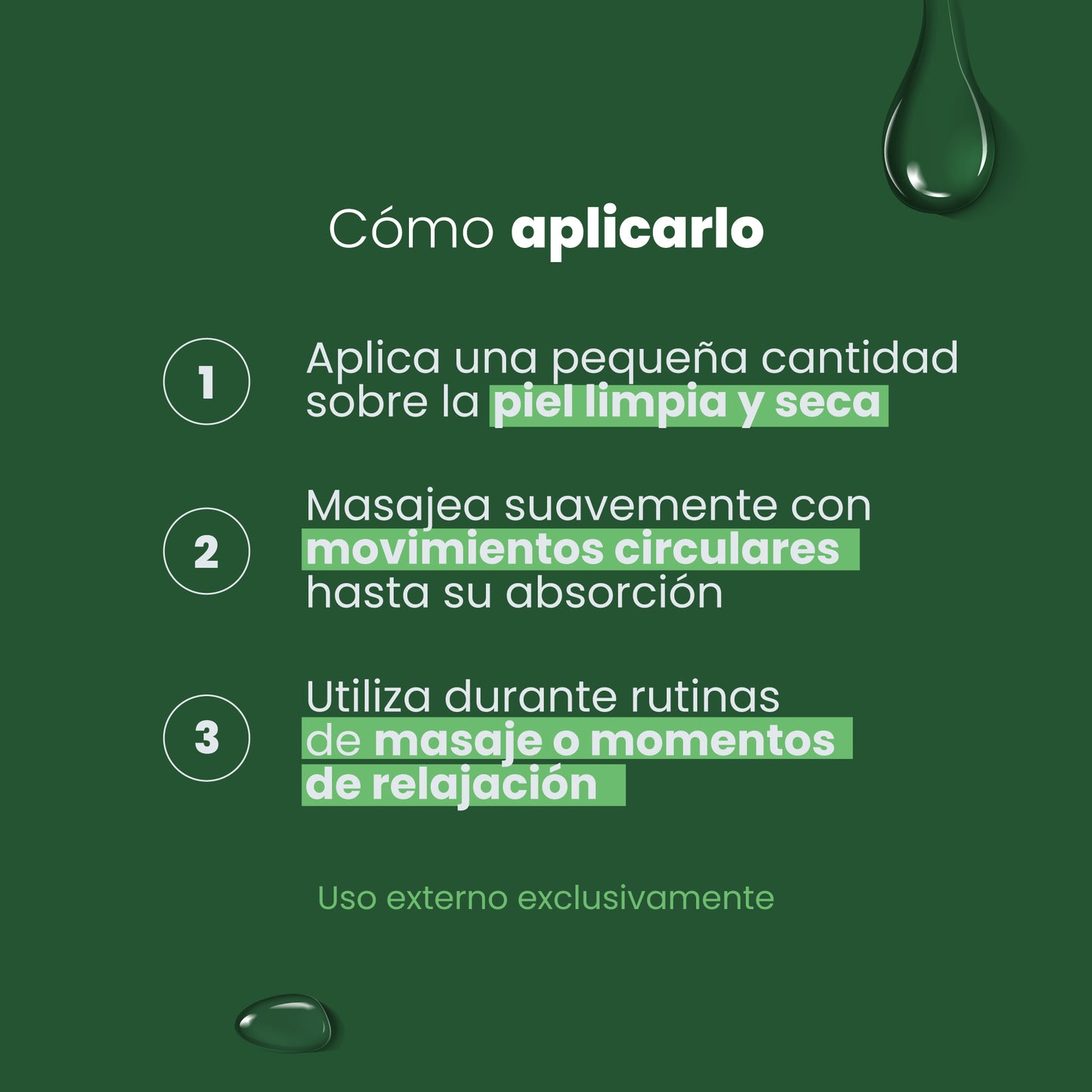 Cómo aplicar el Aceite Euforia - Piel limpia y seca, movimientos circulares, uso en masajes y relajación