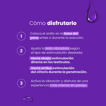 Cómo usar el Anillo Vibrador Sen Íntimo - Coloca en base del pene, ajusta bala hacia arriba o abajo, activa vibración

