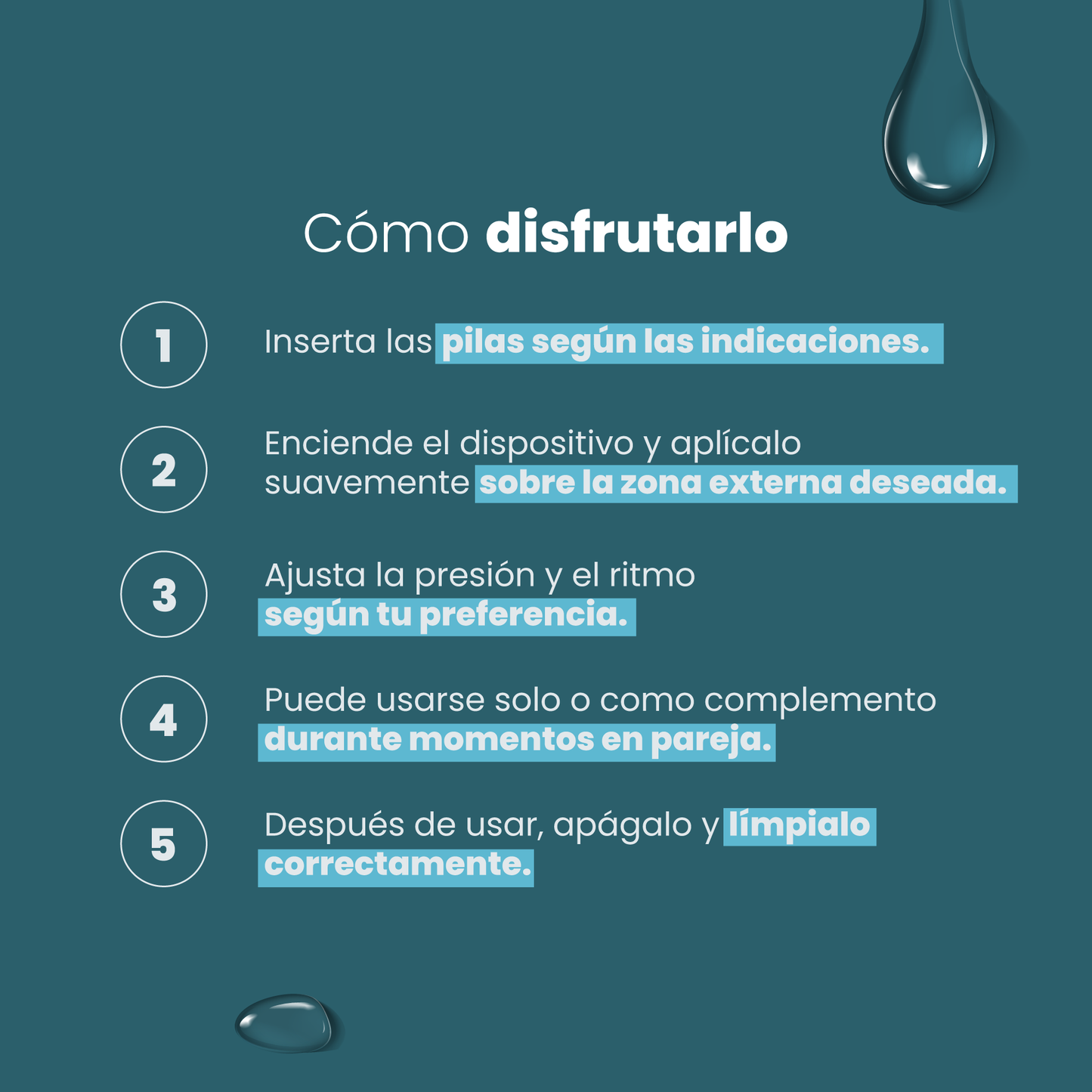Cómo usar la Bala Vibradora Sen Íntimo - 5 pasos: insertar pilas, encender, aplicar, ajustar presión, limpiar después de usar