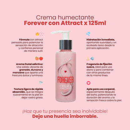 Crema Humectante Forever con Attract Sen Íntimo - infografía 6 beneficios fórmula attract aroma granada durazno manzana hidratación textura ligera