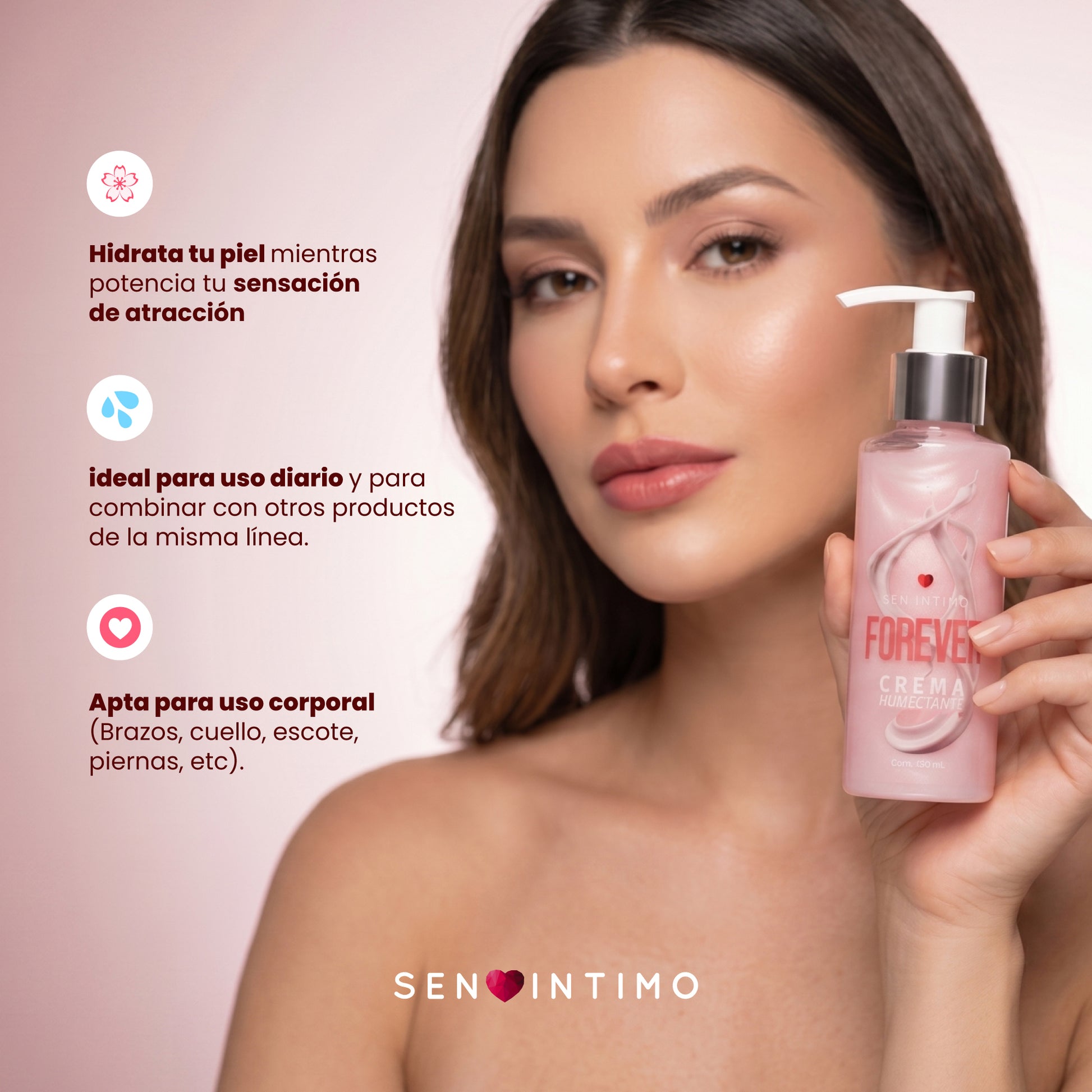 Crema Humectante Forever con Attract Sen Íntimo - mujer sosteniendo frasco beneficios hidrata piel sensación atracción uso diario uso corporal