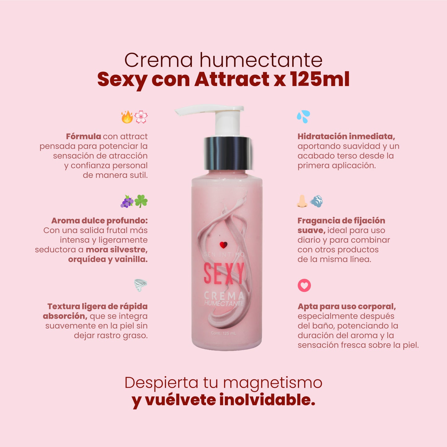 Infografía beneficios Crema Humectante Sexy con Attract: fórmula Attract, aroma mora silvestre orquídea vainilla, textura ligera – Sen Íntimo