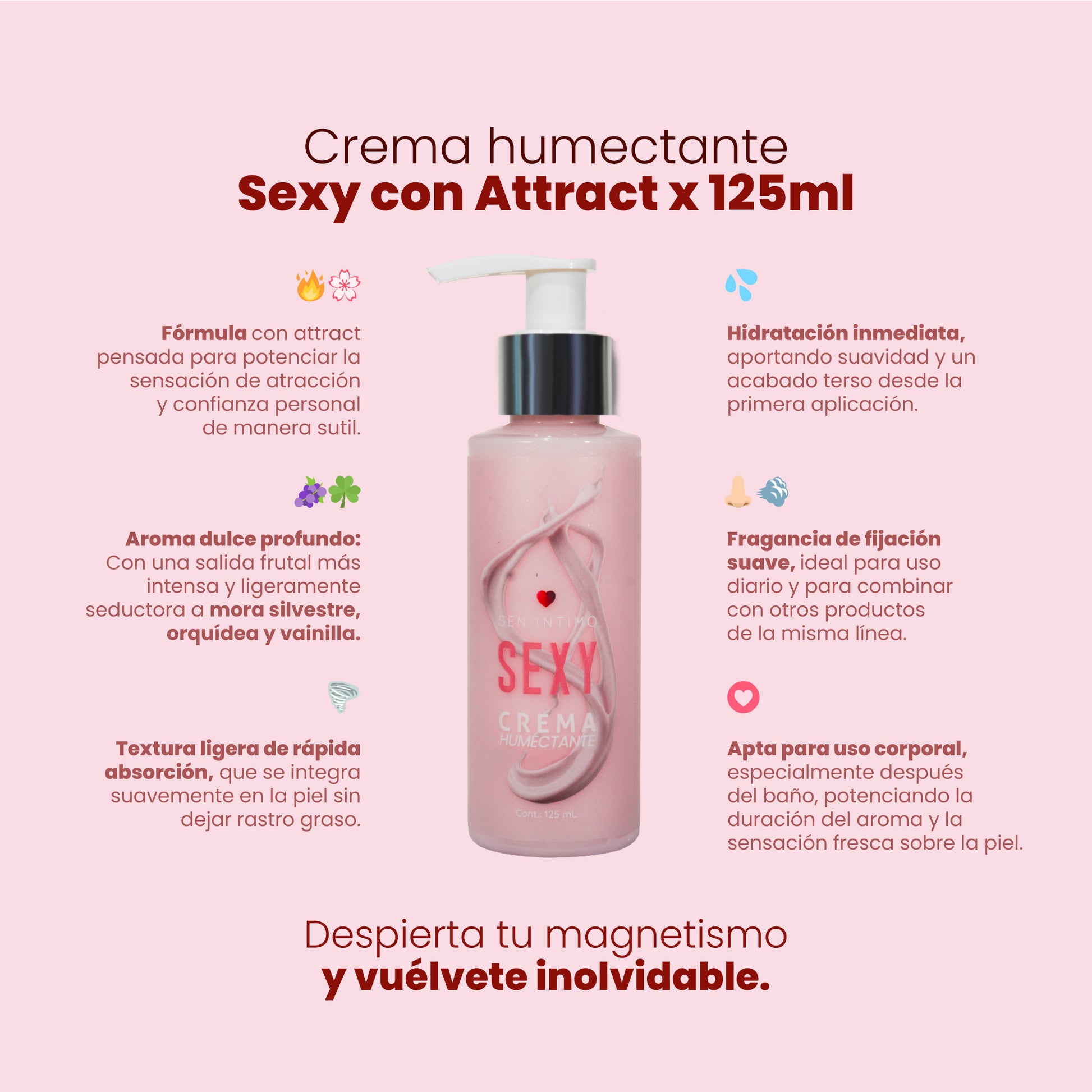Infografía beneficios Crema Humectante Sexy con Attract: fórmula Attract, aroma mora silvestre orquídea vainilla, textura ligera – Sen Íntimo