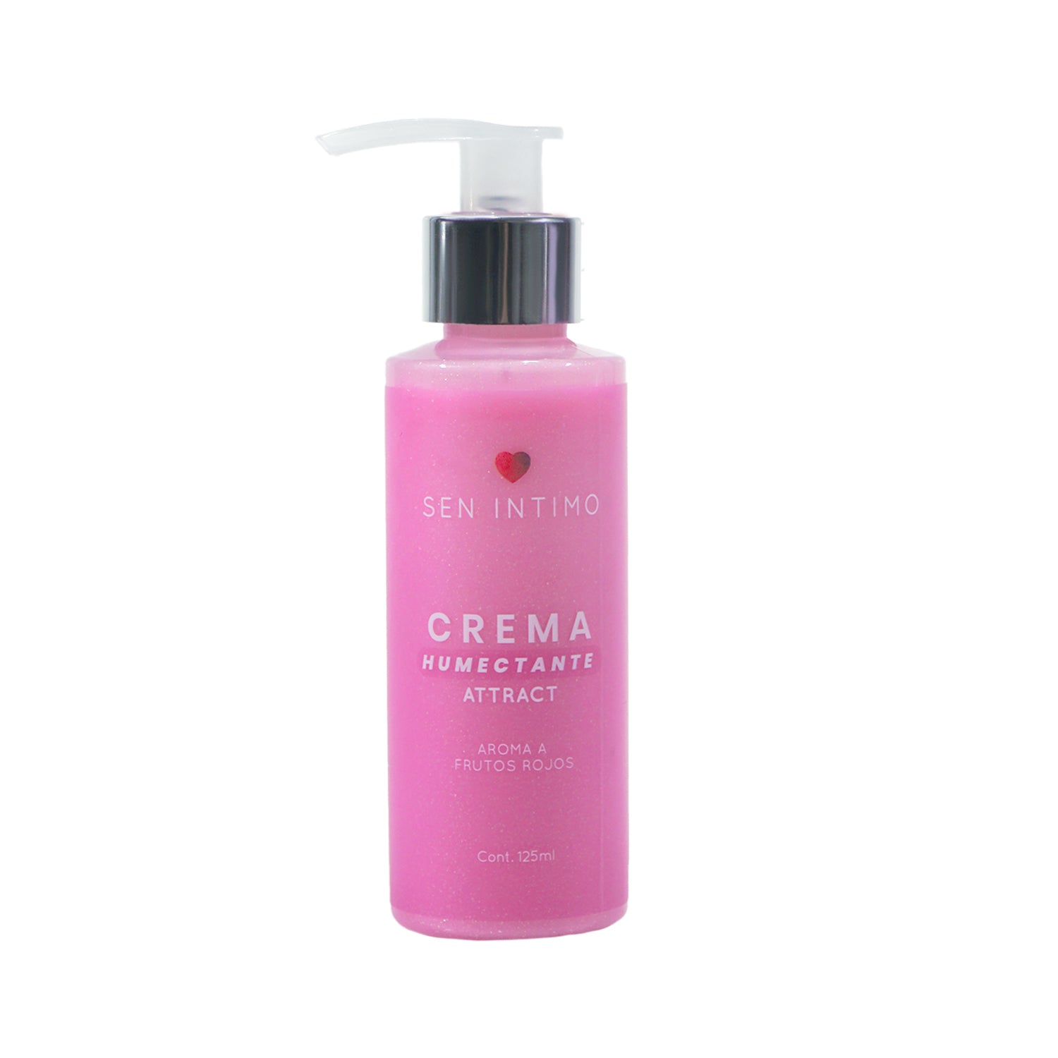Frasco dispensador Crema Humectante Attract Sen Íntimo 125ml, color rosado fucsia con tapa plateada, aroma a frutos rojos, fondo blanco
