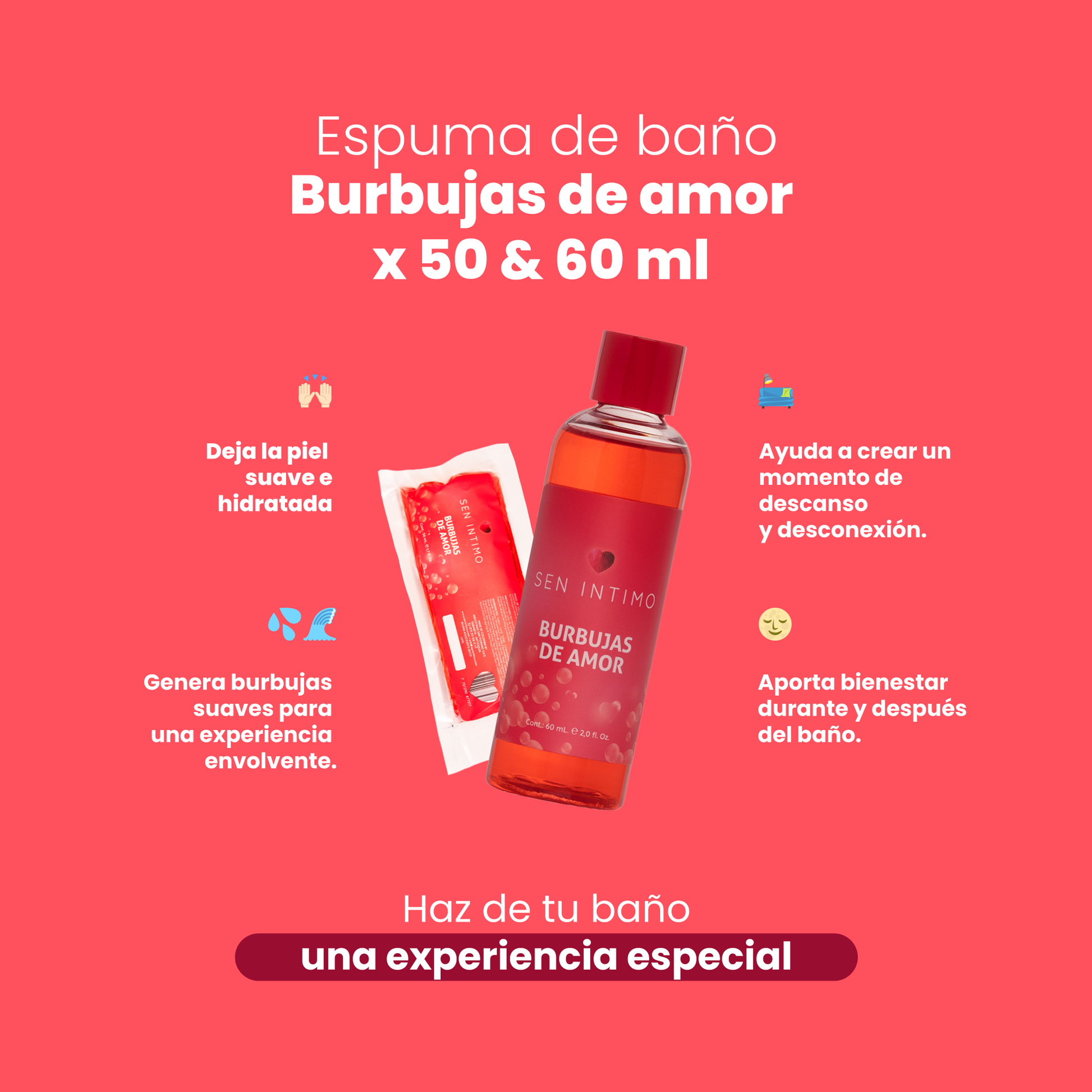 Beneficios Espuma de Baño Burbujas de Amor 50 y 60ml Sen Íntimo - Tarro rojo con tapa, espuma hidratante para bañera