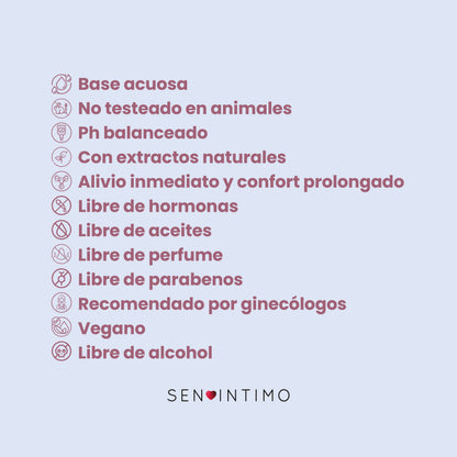 Hidratante Vaginal Sen Íntimo - base acuosa, vegano, pH balanceado, libre de parabenos, recomendado por ginecólogos