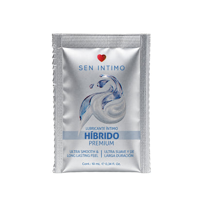 Lubricante Íntimo Híbrido Premium Sen Íntimo en sachet plateado de 10 ml.