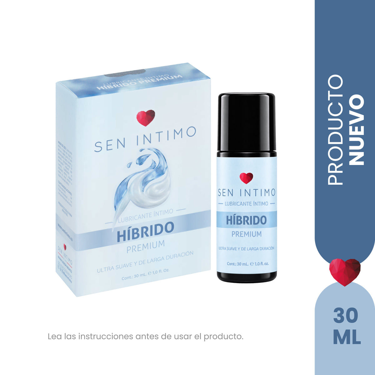 Lubricante Íntimo Híbrido Premium Sen Íntimo en frasco de 30 ml junto a su caja