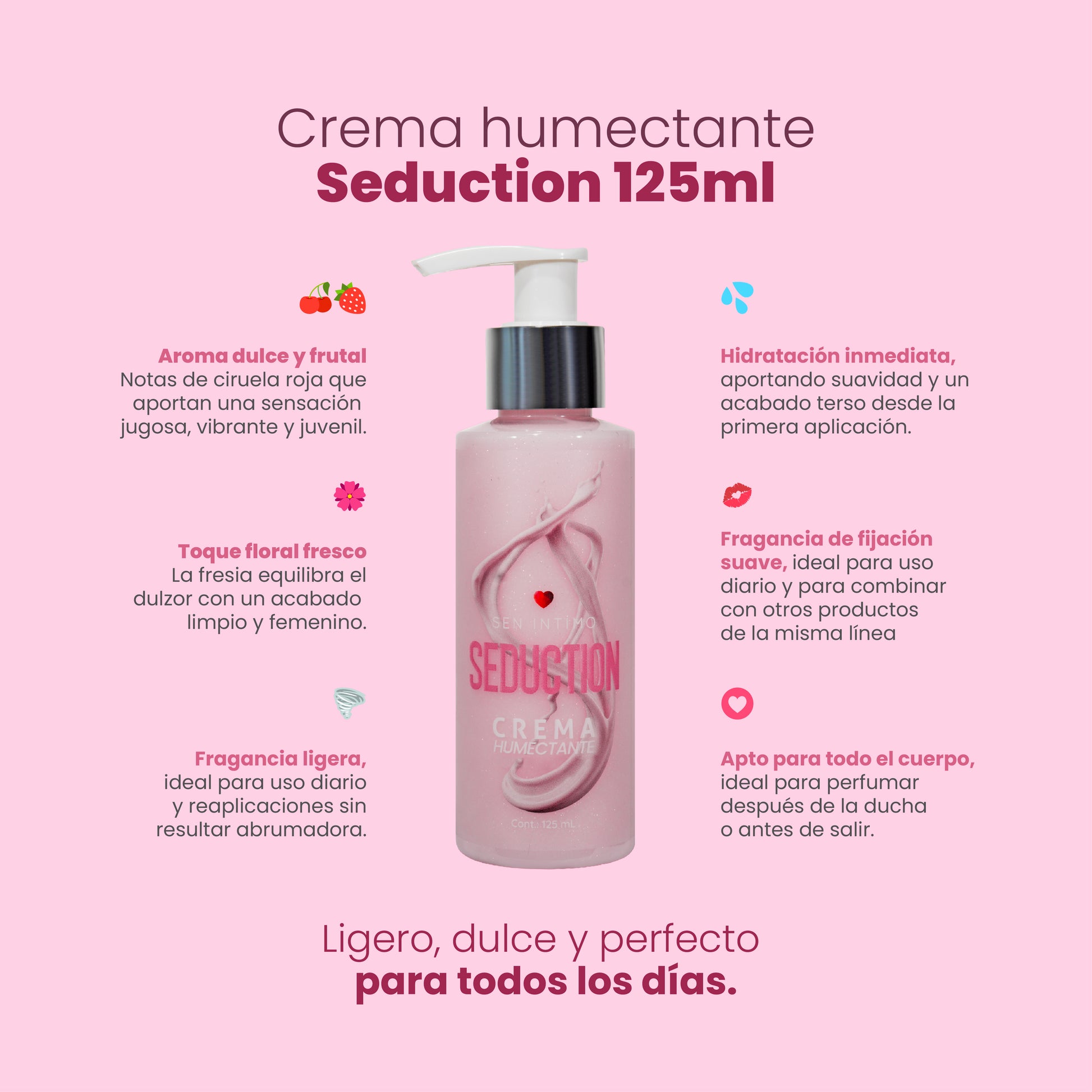 Infografía Crema Humectante Seduction Sen Íntimo: hidratación inmediata, textura ligera de rápida absorción, fragancia de fijación suave, apta para uso corporal