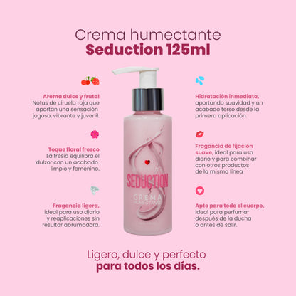 Infografía Crema Humectante Seduction Sen Íntimo: hidratación inmediata, textura ligera de rápida absorción, fragancia de fijación suave, apta para uso corporal