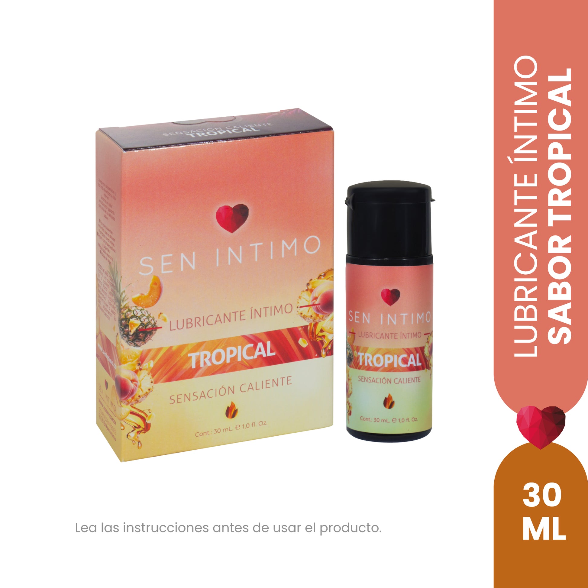 Lubricante íntimo efecto caliente sabor tropical Sen Íntimo - caja y frasco presentación completa