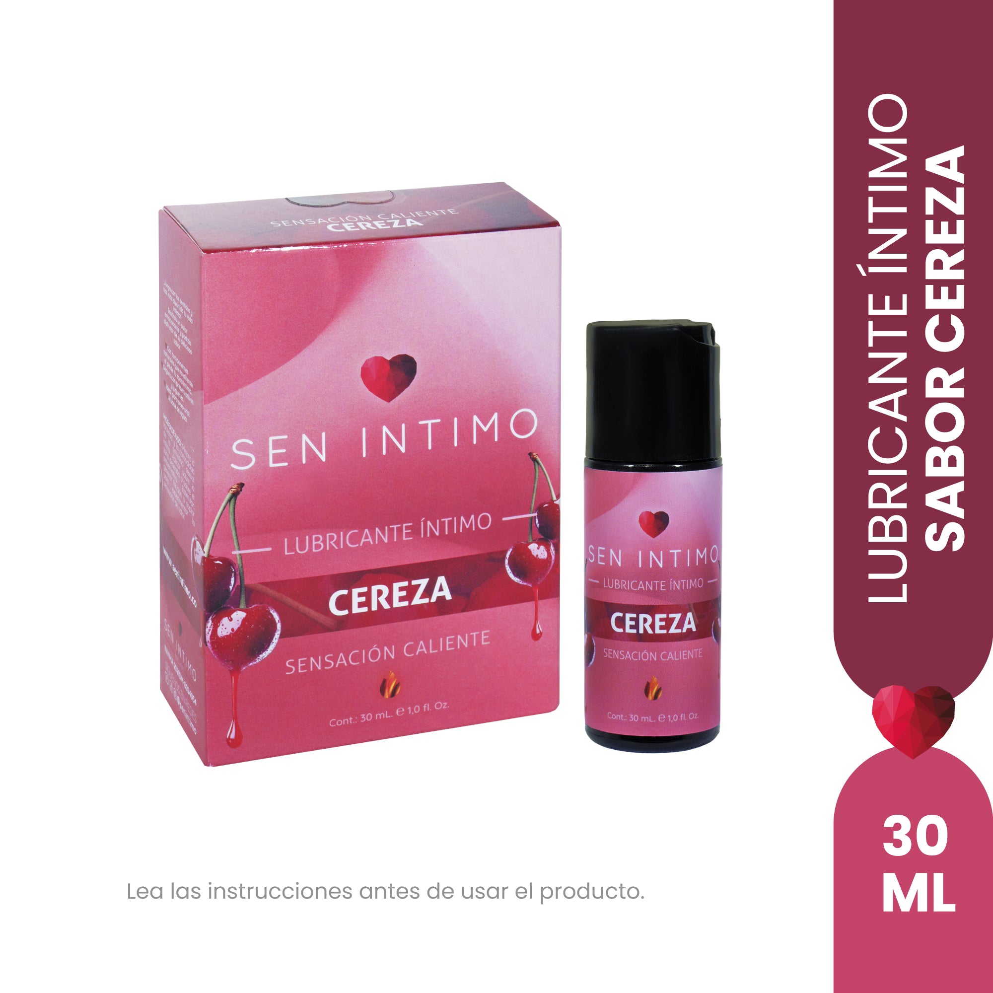 Lubricante íntimo efecto caliente sabor cereza Sen Íntimo 30ml - presentación frontal frasco