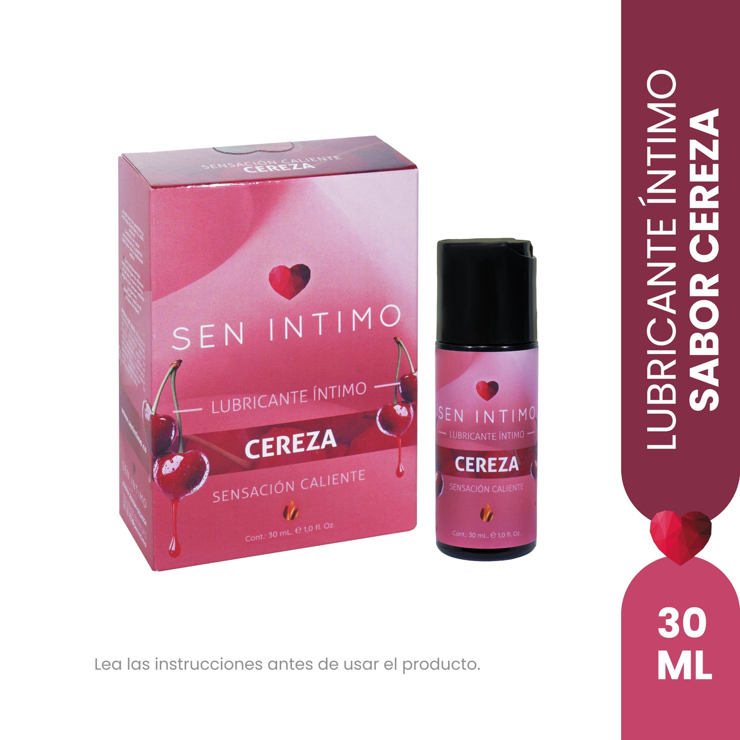 Lubricante íntimo efecto caliente sabor cereza Sen Íntimo 30ml - presentación frontal frasco
