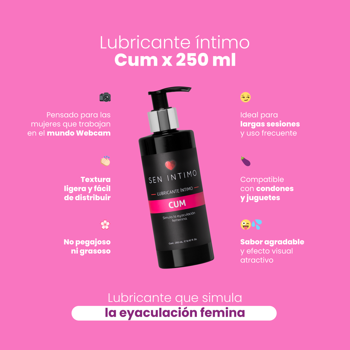 Lubricante CUM 250ml Sen Íntimo - ideal modelos webcam sesiones largas compatible juguetes