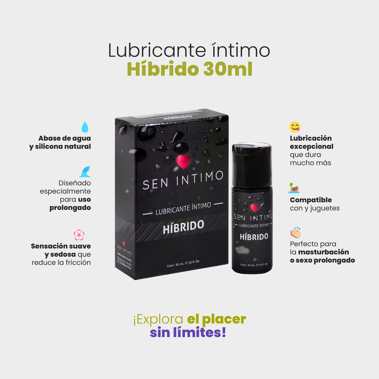 Características lubricante íntimo híbrido agua silicona 30ml - Sen Íntimo