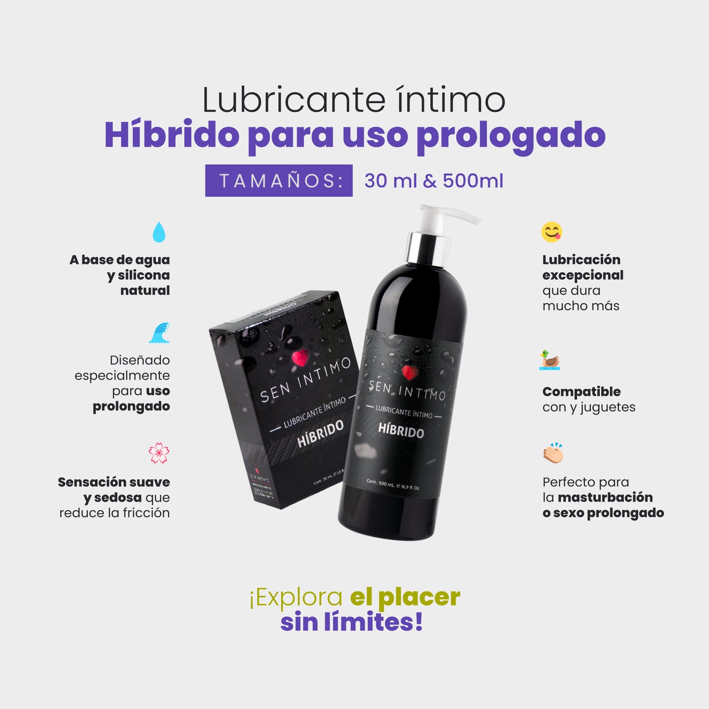 Características lubricante íntimo híbrido agua silicona 30ml y 500ml - Sen Íntimo