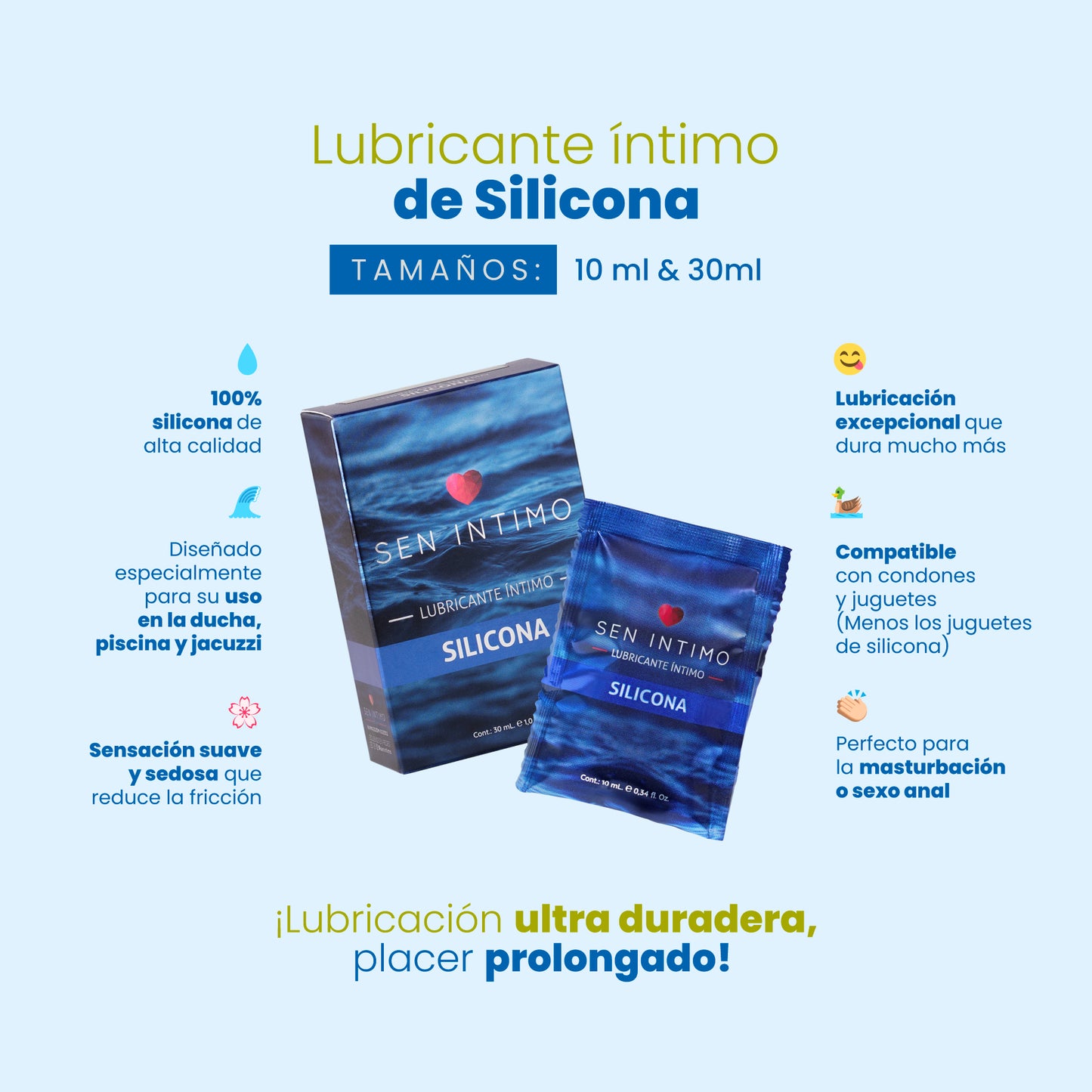 Lubricante Íntimo de Silicona 10ml y 30ml, ideal para uso prolongado y sexo anal