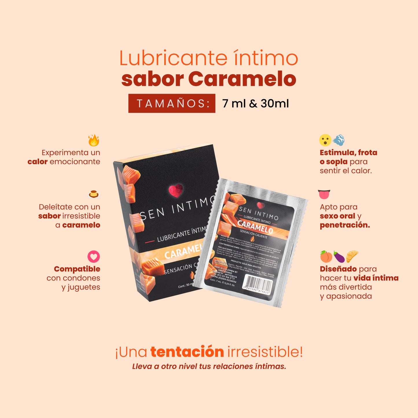Beneficios Lubricante Intimo sabor Caramelo 7ml y 30ml deleitate con un irresistible sabor a Caramelo